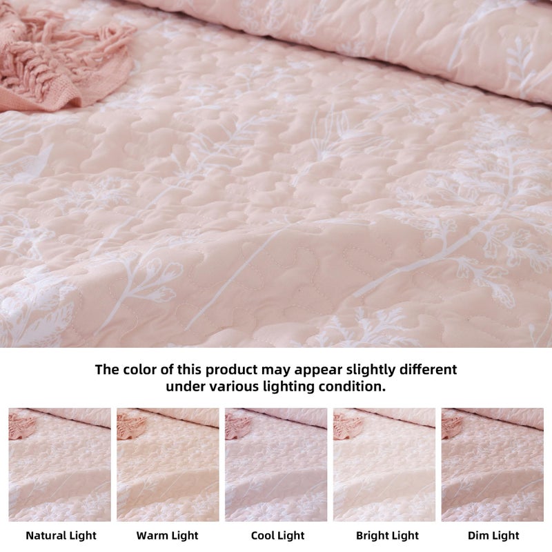 JANZAA Quilts Queen Size Blush Quilt Botanical with Floral Pattern Microfiber Bedspreads Queen Size 3 Pieces Lightweight Comforter Reversible Bedding Set with 2 Pillow Cases - Image 4