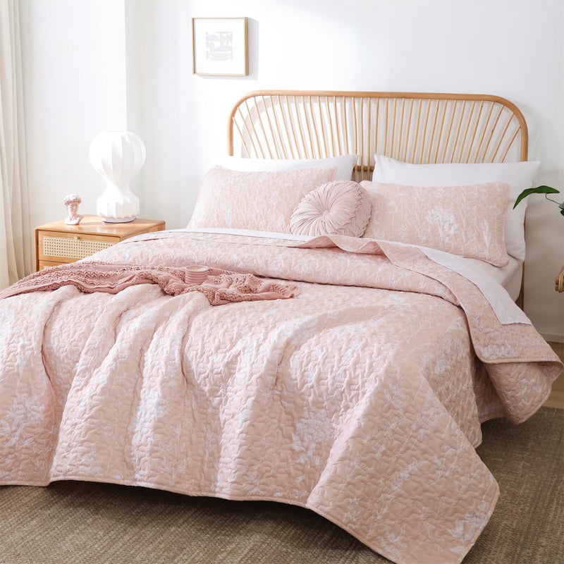 JANZAA Quilts Queen Size Blush Quilt Botanical with Floral Pattern Microfiber Bedspreads Queen Size 3 Pieces Lightweight Comforter Reversible Bedding Set with 2 Pillow Cases - Image 1