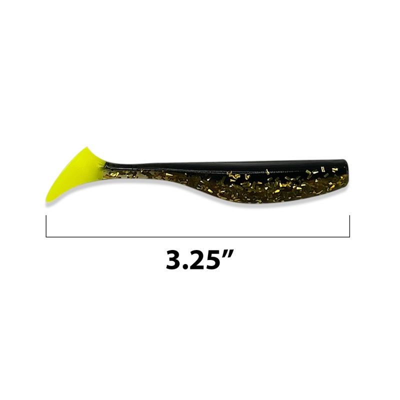 Fish On Tackle 3 1/4" Soft Plastic Paddle Tail Swimbait Pack of 12 - Gold with Chartreuse Tail - Image 2