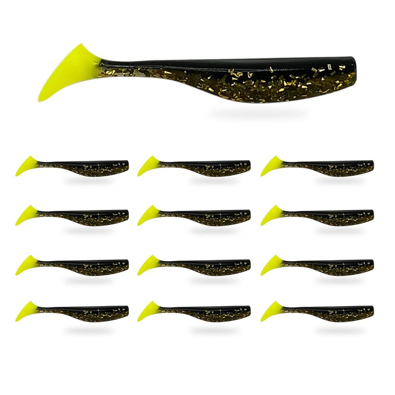 Fish On Tackle 3 1/4" Soft Plastic Paddle Tail Swimbait Pack of 12 - Gold with Chartreuse Tail - Image 1