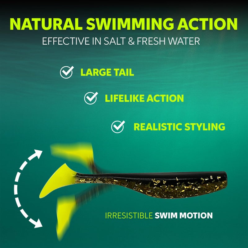 Fish On Tackle 3 1/4" Soft Plastic Paddle Tail Swimbait Pack of 12 - Gold with Chartreuse Tail - Image 3