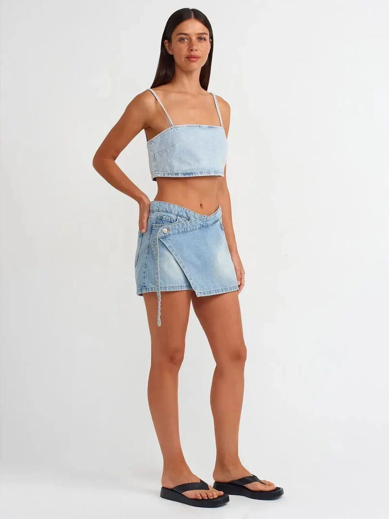 ديلفين DILVIN Belted Mini Skater Denim Skirt
