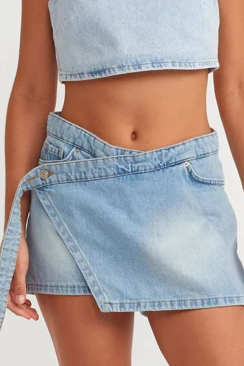 DILVIN Belted Mini Skater Denim Skirt
