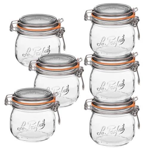 Le Parfait Super Jar, Canning Jars, 500mL French Glass Canning Jar w/Round Body, Glass Jars With Airtight Lid, Canning Jars Wide Mouth, Glass Jar w/Lid, Clear Jars, Clear Glass Jars (16oz/Pint, 6 pk) - Image 1