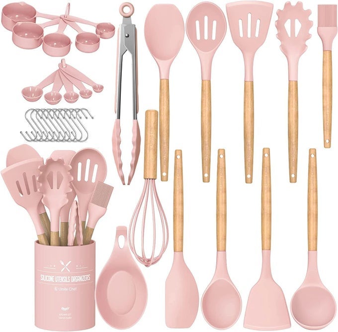 SILICONE KITCHEN UTENSILS SET 33 PIECE NONSTICK KITCHEN UTENSILS WITH STAND WOODEN HANDLE PINK