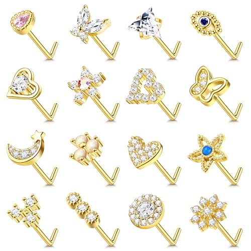 YADOCA Gold Nose Rings Studs for Women - 20G Surgical Steel Nose Ring L Shaped Nose Piercing Jewelry Hypoallergenic CZ Heart Nose Studs Silver Rose Gold 16Pcs - Image 1