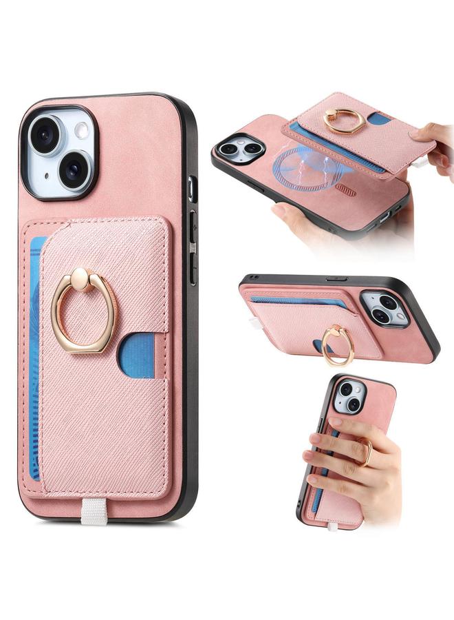 S-TOP Case For iPhone 15 Retro Cross Leather Ring Side Insert Card Bag MagSafe Phone Case - Image 1