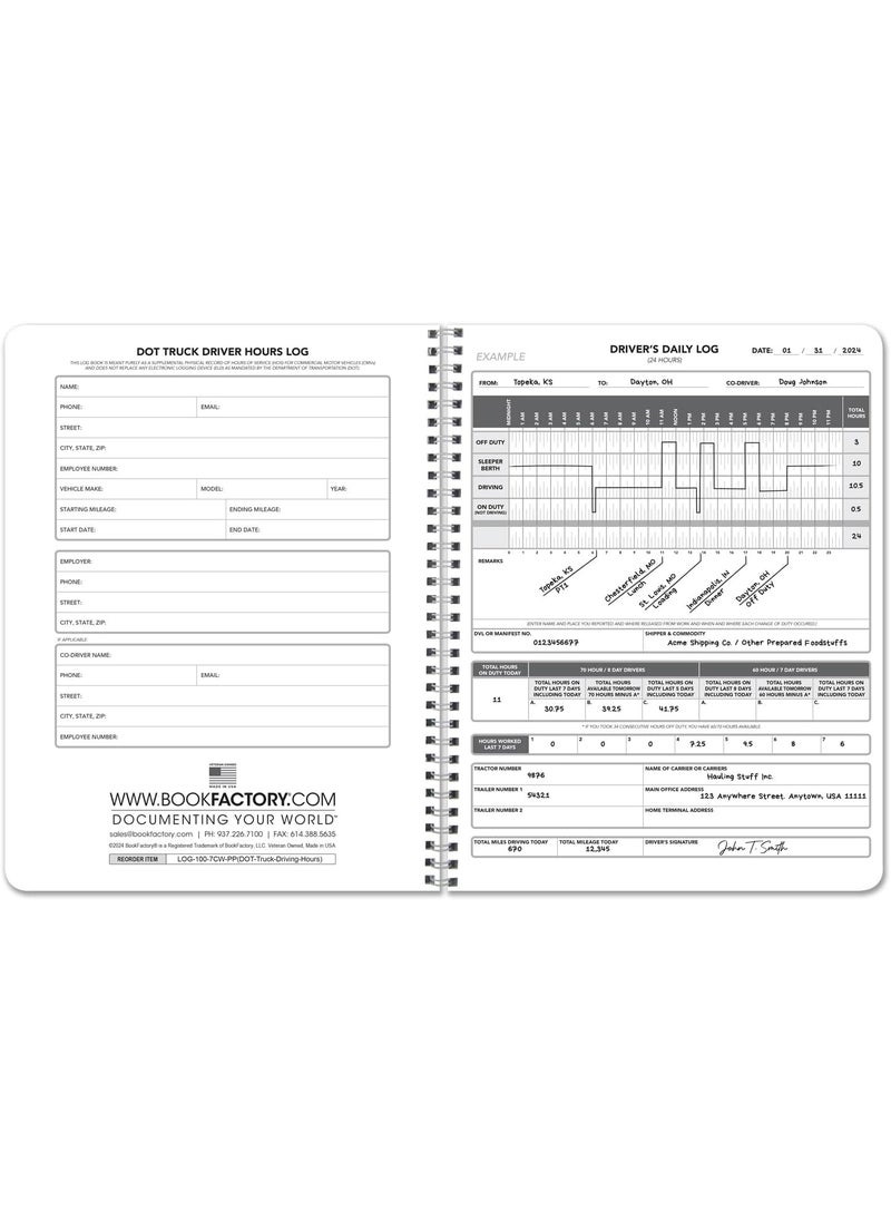 BookFactory BookFactory DOT Truck Driver Hours Log BookTruck Driving Hour Tracker WireO 100 Pages 85 x 11 LOG1007CWPPDOTTruckDrivingHours  - Image 2