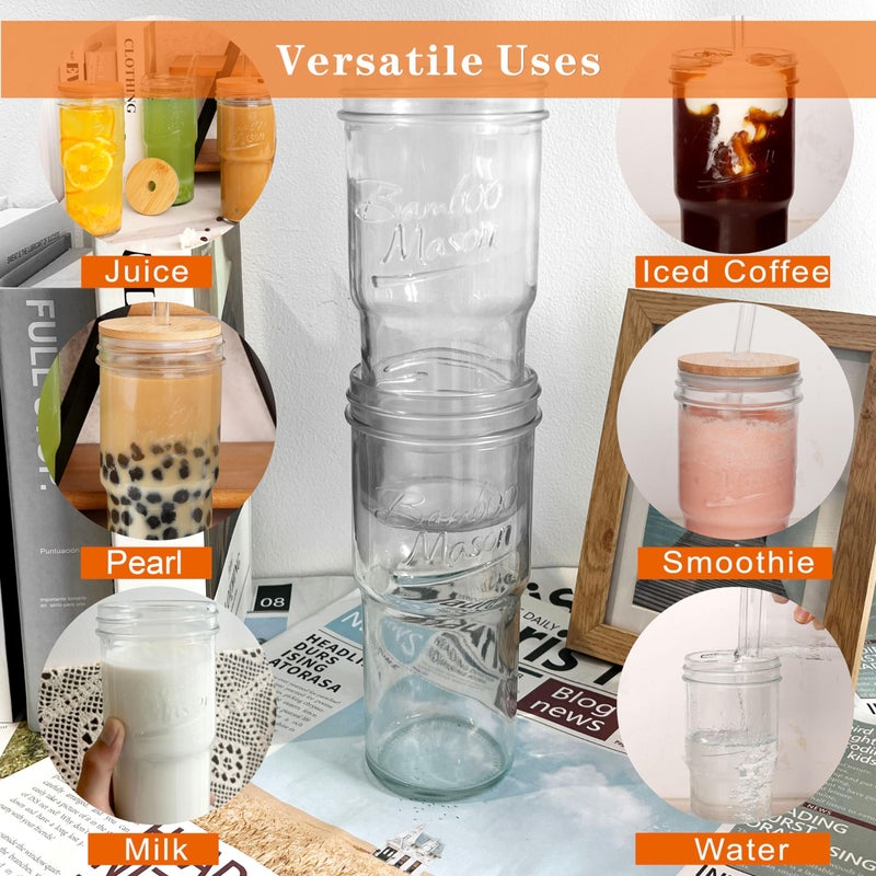 ANOTION Colored Glass Cups with Handle Set of 4, 24oz Glass Cups with Lids and Straws Travel Coffee Mug Bamboo Mason Jar Iced Cup Smoothie Tea Clear Cute Water Drinking Jars Glasses - Image 4