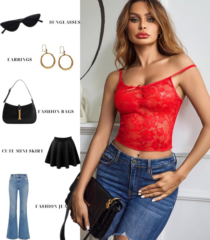 GirlFriend Lace Bra and Panty Set V Neck Babydoll Lingerie 2 Piece Mesh Bralette Set for Wife, Women Wedding Valentine Special Night Occasion Festival Red - Image 4