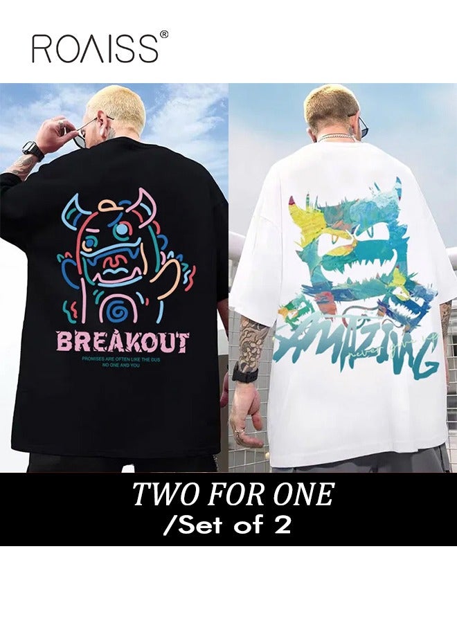 roaiss 2Pcs Men's T-shirt Loose Version Trendy All-Match Pattern Printing Short Sleeves - Image 1
