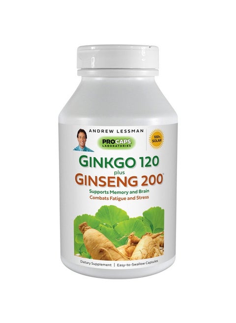 Ginkgo 120 Plus Ginseng 20030 Capsules Standardized Extract Blend To Support Brain Memory And Cognitive Function. Adaptogen Combats Stress And Fatigue. No Additives
