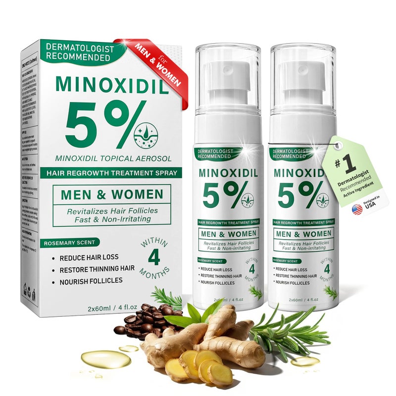 SHIUMORE 5% Minoxidil Hair Regrowth Spray for Men and Women with Rosemary Scent â€“ 2 x 60ml Value Pack for 4+ Months â€“ Lightweight Non Greasy Mist for Thinning Hair Receding Hairline Crown Support (Rosemary) - Image 1