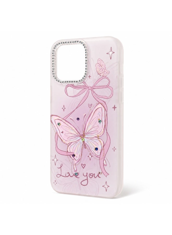 Butterfly Love You Case for iPhone 15 Pro Max, Pink Shockproof Protective Back Cover with Rhinestone Camera Ring & Raised Edge Protection - Image 1