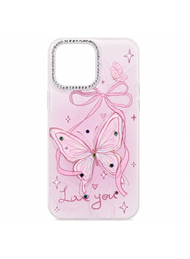 Butterfly Love You Case for iPhone 15 Pro Max, Pink Shockproof Protective Back Cover with Rhinestone Camera Ring & Raised Edge Protection - Image 2