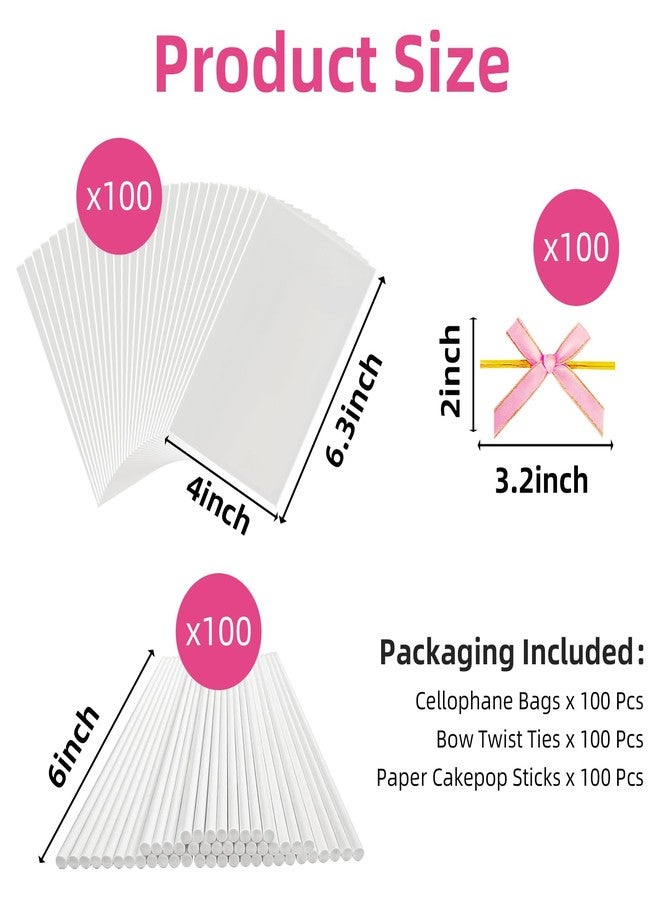 Roxjaejae 300 Pcs Cake Pop Kit, Paper Cake Pop Sticks with Clear Cellophane Bags and Pink Bow Twist Ties, Cake Pops Making Tools for Lollipops, Candies, Chocolates, Cookies, DIY Desserts - Image 3