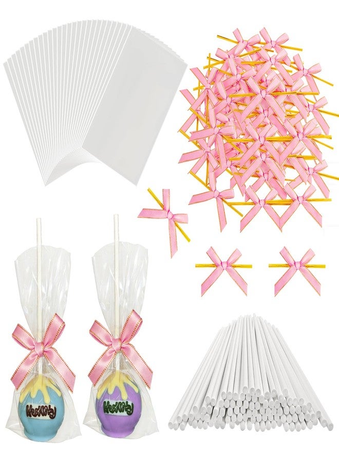 Roxjaejae 300 Pcs Cake Pop Kit, Paper Cake Pop Sticks with Clear Cellophane Bags and Pink Bow Twist Ties, Cake Pops Making Tools for Lollipops, Candies, Chocolates, Cookies, DIY Desserts - Image 1