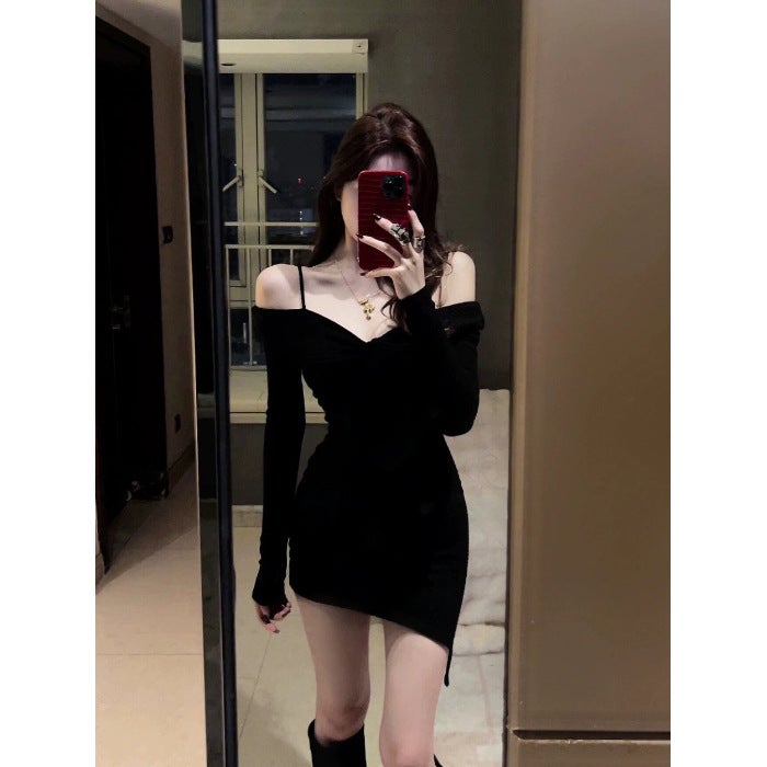 Spice Girl Irregular Long-sleeved New Pure Style Autumn and Winter Short Skirt dress Tight Waist Slim-fit Slimming Short Skirt Black