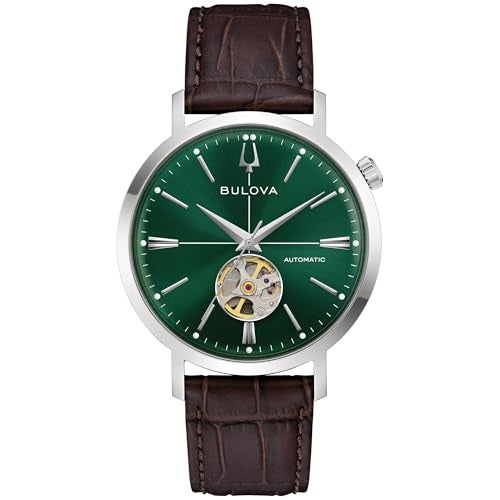 Bulova Mens Automatic Dress Classic Aerojet WatchBrown Leather Strap Green Dial Hack Feature 42 Hour Power Reserve Style 96A332 - Image 1