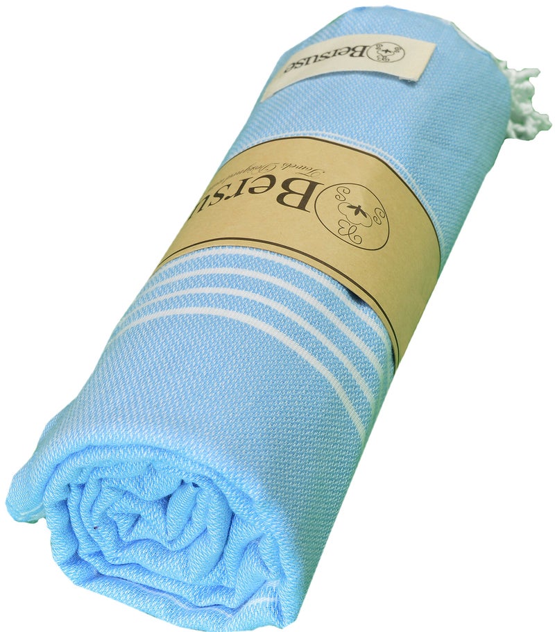Bersuse Towels Anatolia XL Beach Blanket Throw Blanket Turkish Towel 100% Cotton Extra-Large Quick-Dry Lightweight Premium Peshtemal Towel - 61x82 Inches, Blue - Image 2