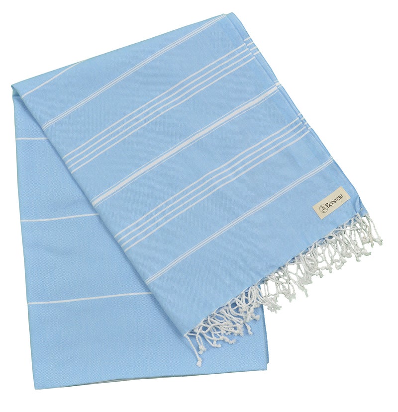 Bersuse Towels Anatolia XL Beach Blanket Throw Blanket Turkish Towel 100% Cotton Extra-Large Quick-Dry Lightweight Premium Peshtemal Towel - 61x82 Inches, Blue - Image 4