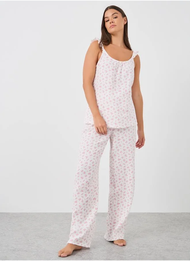 ستايلي Styli All-Over Floral Print Cotton Gauze Ruffle Shoulder Cami and Pyjama Set