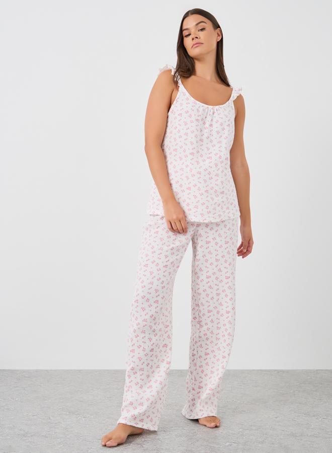 Styli All-Over Floral Print Cotton Gauze Ruffle Shoulder Cami and Pyjama Set - Image 2