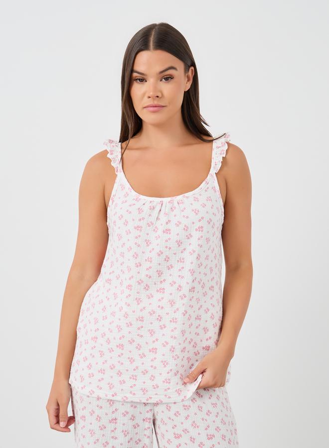 Styli All-Over Floral Print Cotton Gauze Ruffle Shoulder Cami and Pyjama Set - Image 3