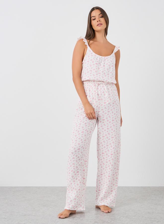 Styli All-Over Floral Print Cotton Gauze Ruffle Shoulder Cami and Pyjama Set - Image 5