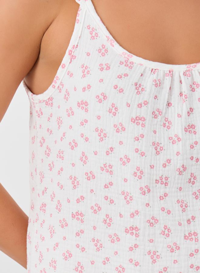 Styli All-Over Floral Print Cotton Gauze Ruffle Shoulder Cami and Pyjama Set - Image 4