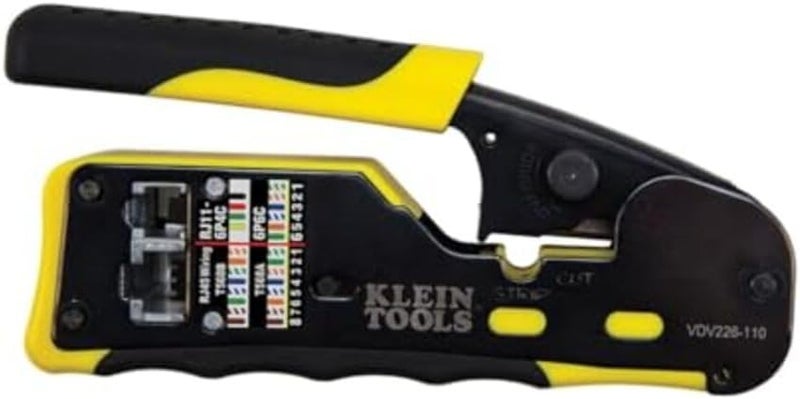 Klein Tools VDV226-110 Ratcheting Modular Data Cable Crimper / Wire Stripper / Wire Cutter for RJ11/RJ12 Standard, RJ45 Pass-Thru Connectors - Image 1