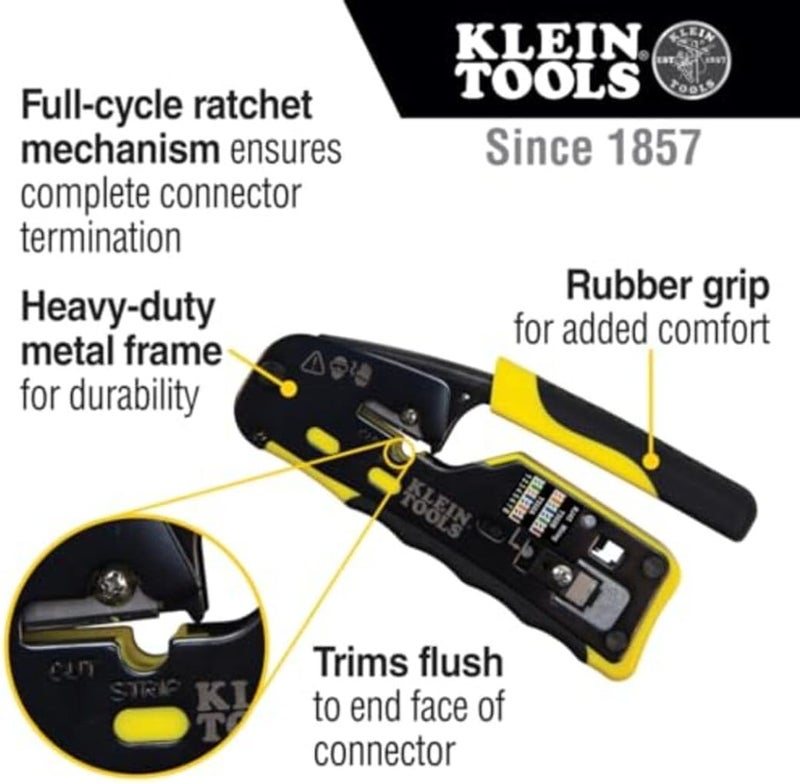 Klein Tools VDV226-110 Ratcheting Modular Data Cable Crimper / Wire Stripper / Wire Cutter for RJ11/RJ12 Standard, RJ45 Pass-Thru Connectors - Image 4