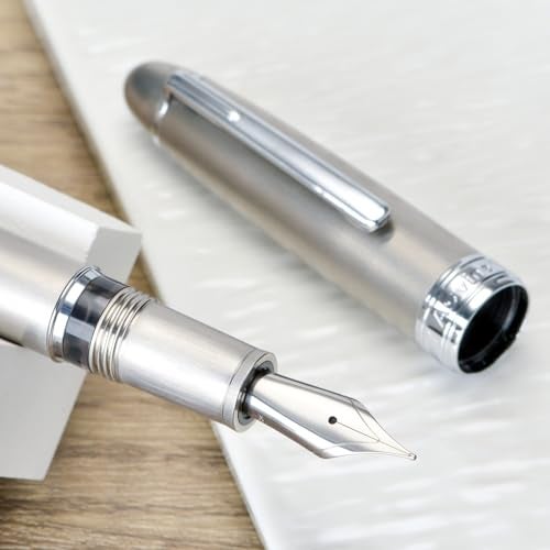 Asvine J16 Brushed Titanium Fountain Pen Jowo Broad Nib Piston Filling, Ink Window, Wrench & Box - Image 3