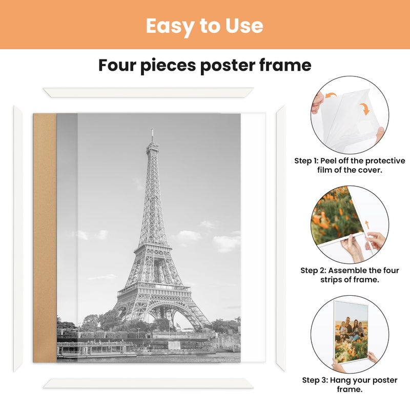 upsimples 12x16 Picture Frame White 3 Pack, Scratch-Proof Poster Frames 12 x 16 for Photo Gallery - Slide-In Strips, Horizontal or Vertical Wall Mounting - Image 3