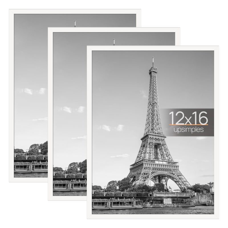 upsimples 12x16 Picture Frame White 3 Pack, Scratch-Proof Poster Frames 12 x 16 for Photo Gallery - Slide-In Strips, Horizontal or Vertical Wall Mounting - Image 1