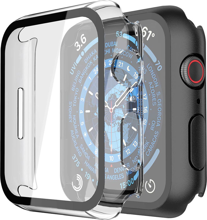 Misxi 2 Pack PC Case with Tempered Glass Screen Protector Compatible with Apple Watch Series 9 (2023) Series 8 Series 7 45mm, Ultra-Thin Scratch Resistant Cover for iWatch, 1 Black+1 Transparent - Image 1
