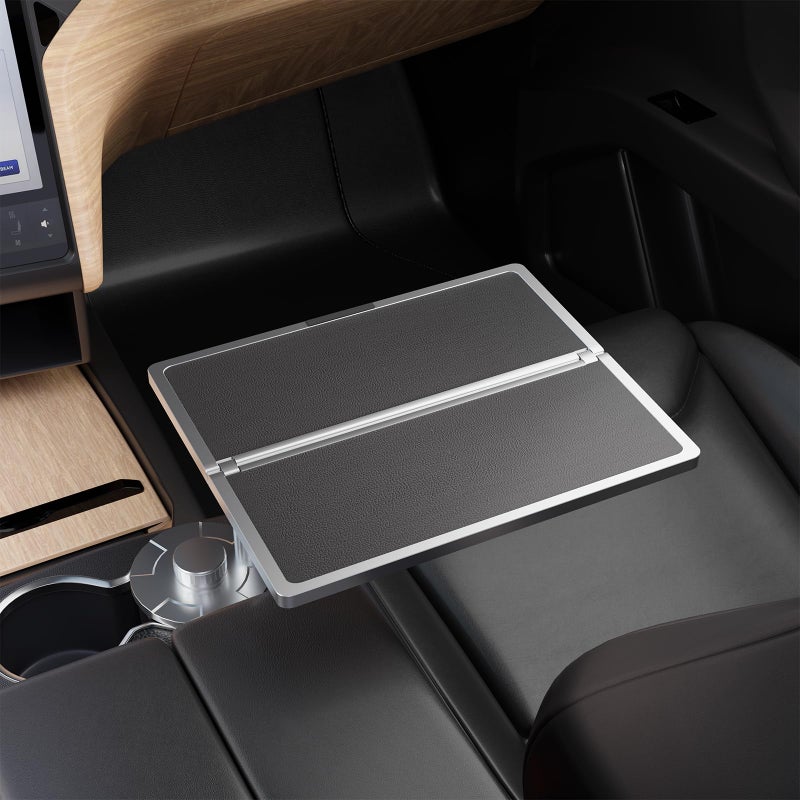 Partsable Flodable Car Desk Tray for Laptop, 360Â° Rotating Leather Cup Holder Table, Car Tray laptop Desk Replace Steering Wheel tray, for Tesla Model Y/3/S, Ford F150 Car Accessries for Men Women - Image 1