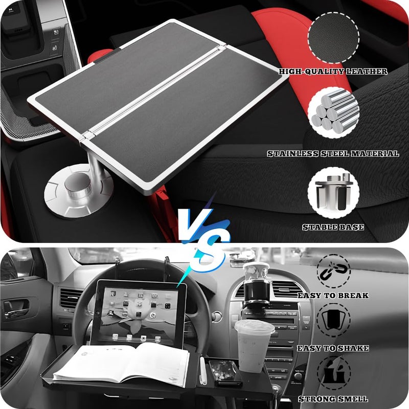 Partsable Flodable Car Desk Tray for Laptop, 360Â° Rotating Leather Cup Holder Table, Car Tray laptop Desk Replace Steering Wheel tray, for Tesla Model Y/3/S, Ford F150 Car Accessries for Men Women - Image 4