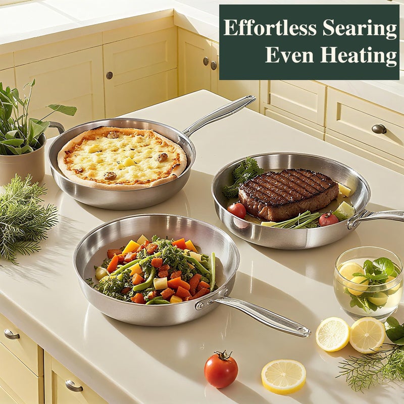 Umite Chef 12 Inch Tri-Ply Stainless Steel Frying Pan, Frying Pan with Lid, PFOA/PTFE Free Skillet, Induction Cooking Pans, Dishwasher & Oven Broiler Safe 600F, Professional Cookware, Heavy Duty & Even Heat - Image 3