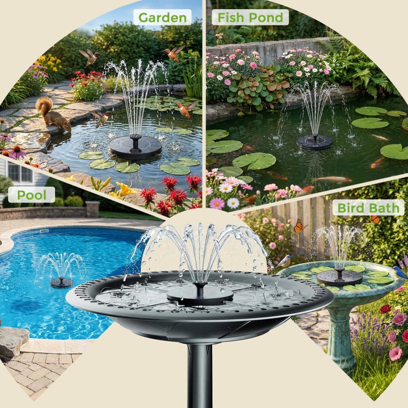 AISITIN Solar Fountain, Solar Bird Bath Fountains Pump with 6 Nozzles, 2026 Upgraded Free Standing Floating Solar Powered Water Fountain Pump for Bird Bath, Garden, Pond, Pool and Outdoor - Image 3