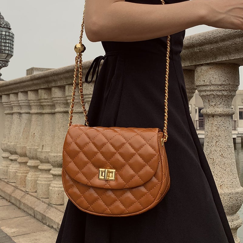 Soft Leather 2024 Fashion Shoulder Crossbody Women'S Bag Rhombic Embroidery Double-Layer Chain Saddle Bag Trendy - Image 3