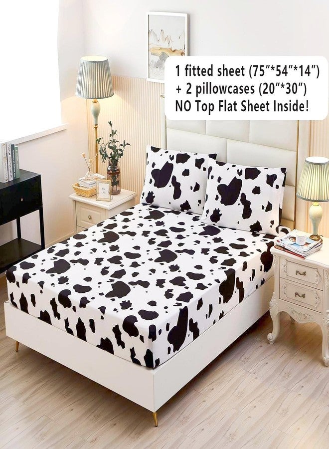 SDY 3PCS Milk Cow Print Stuff Bedding Fitted Sheet Set Full Size, Cartoon Cow Pattern Fitted Sheet with Deep Pocket and 2 Pillowcases, Cute and Cozy, Kawaii Bed for Kids, Children, Boys, Girls, Teens - Image 3