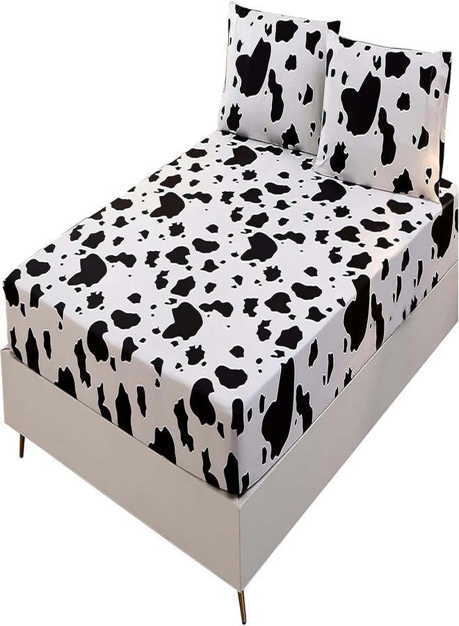 SDY 3PCS Milk Cow Print Stuff Bedding Fitted Sheet Set Full Size, Cartoon Cow Pattern Fitted Sheet with Deep Pocket and 2 Pillowcases, Cute and Cozy, Kawaii Bed for Kids, Children, Boys, Girls, Teens - Image 4
