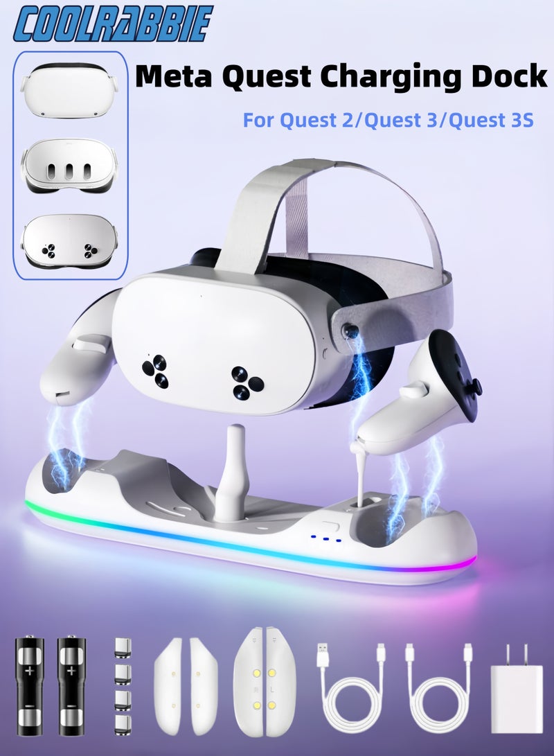 CoolRabbie VR Charging Dock for Meta Quest 3/Quest 3S/Quest 2, Magnetic Charging Station for Oculus Quest 3 VR Headset & Controllers, with 2 Rechargeable 2100mAh Batteries, USB-C Charger, Supports LED Indicator - Image 1
