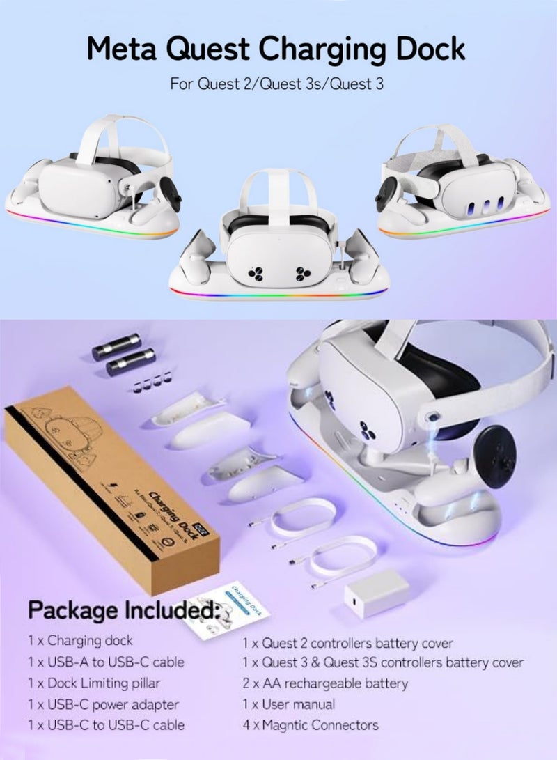 CoolRabbie VR Charging Dock for Meta Quest 3/Quest 3S/Quest 2, Magnetic Charging Station for Oculus Quest 3 VR Headset & Controllers, with 2 Rechargeable 2100mAh Batteries, USB-C Charger, Supports LED Indicator - Image 2