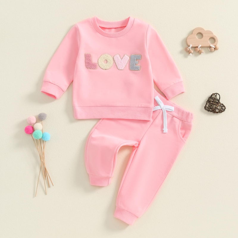 Socutebabe Baby Girl Clothes Newborn Infant Fall Winter Outfits Love Embroidery Long Sleeve Crewneck Sweatshirts Pants 0-24M (Pink, 3-6 Months) - Image 2