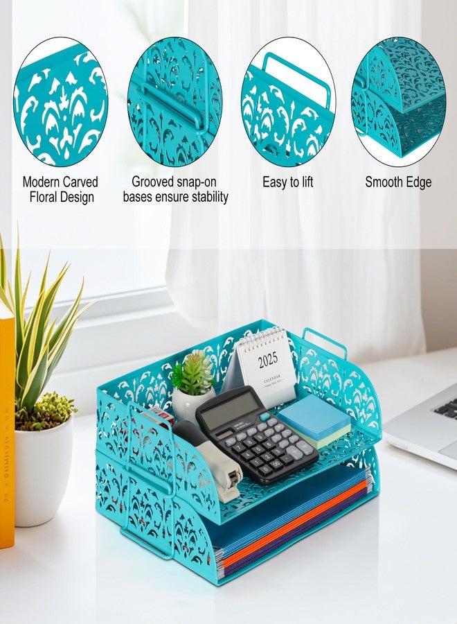 EasyPAG Paper Organizer for Desk 2 Tier Stackable Paper Tray for A4 Legal Size Folders Metal File Storage Desktop Organizer for Home Office School Teacher, Dark Teal - Image 3
