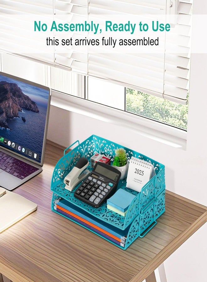 EasyPAG Paper Organizer for Desk 2 Tier Stackable Paper Tray for A4 Legal Size Folders Metal File Storage Desktop Organizer for Home Office School Teacher, Dark Teal - Image 2