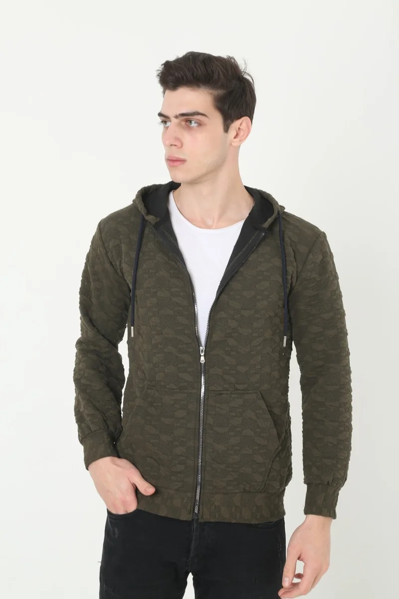 KMK Kombin KMK Combination Men's Khaki Hooded Woven Printed Unisex Cardigan