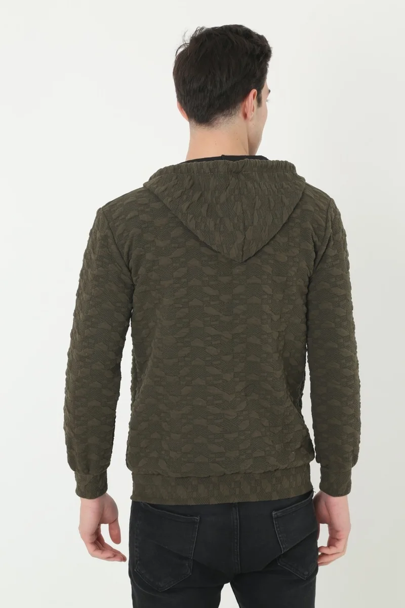 KMK Kombin KMK Combination Men's Khaki Hooded Woven Printed Unisex Cardigan